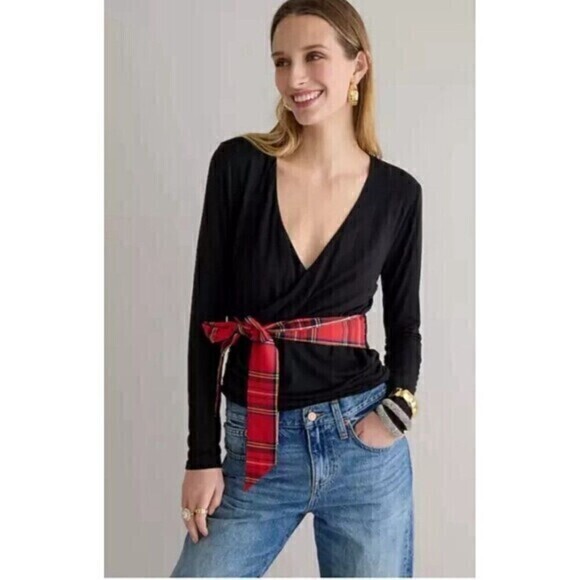 J. Crew Top Womens Size Small Black Long Sleeve Wrap Plaid Tie Holiday Pullover - Picture 1 of 16